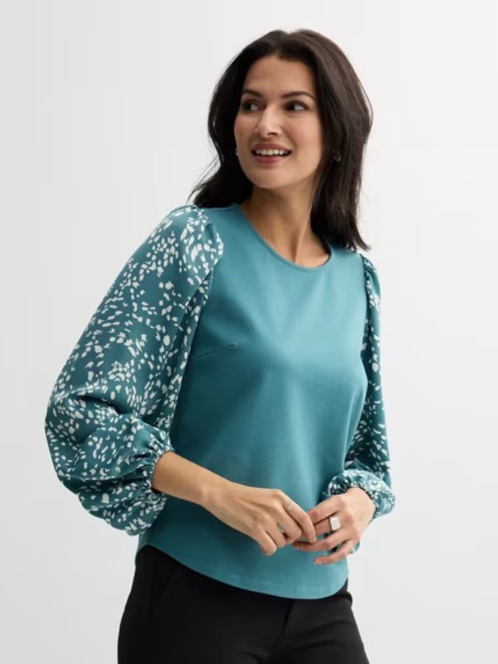 NWT Nine West Teal & White Mixed Media Puff Long Sleeve Ponte Knit Top Sz 0X